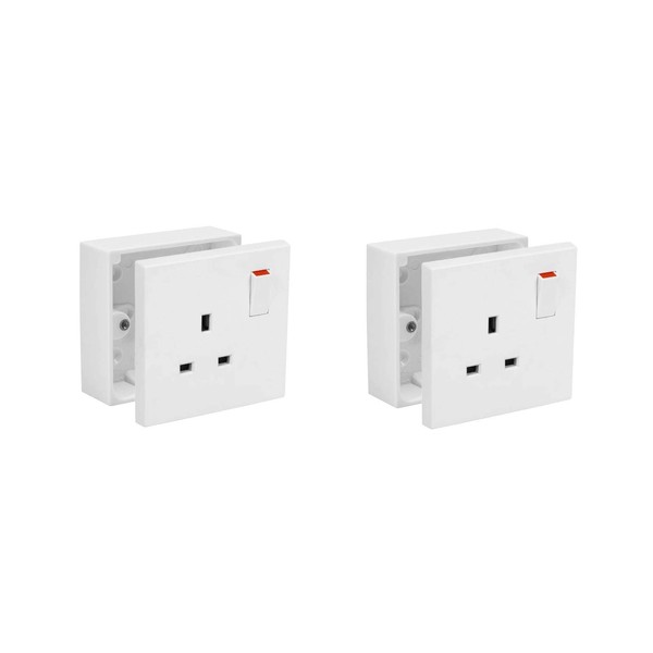 SHP Electrical® 13A Single One Gang Switched Socket & Premium Single Surface Mount 25mm Pattress Box 1 Gang Set Electrical Switch - Concealing Screw Caps Included (2)