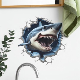 Broken Wall Fierce Shark Toilet Stickers, sacinora Cartoon Sea Animal Toilet Lid Decals Removable Vinyl Peel and Stick Wall Stickers for Bathroom Restroom WC Bathtubs Door Furniture Home Decorations