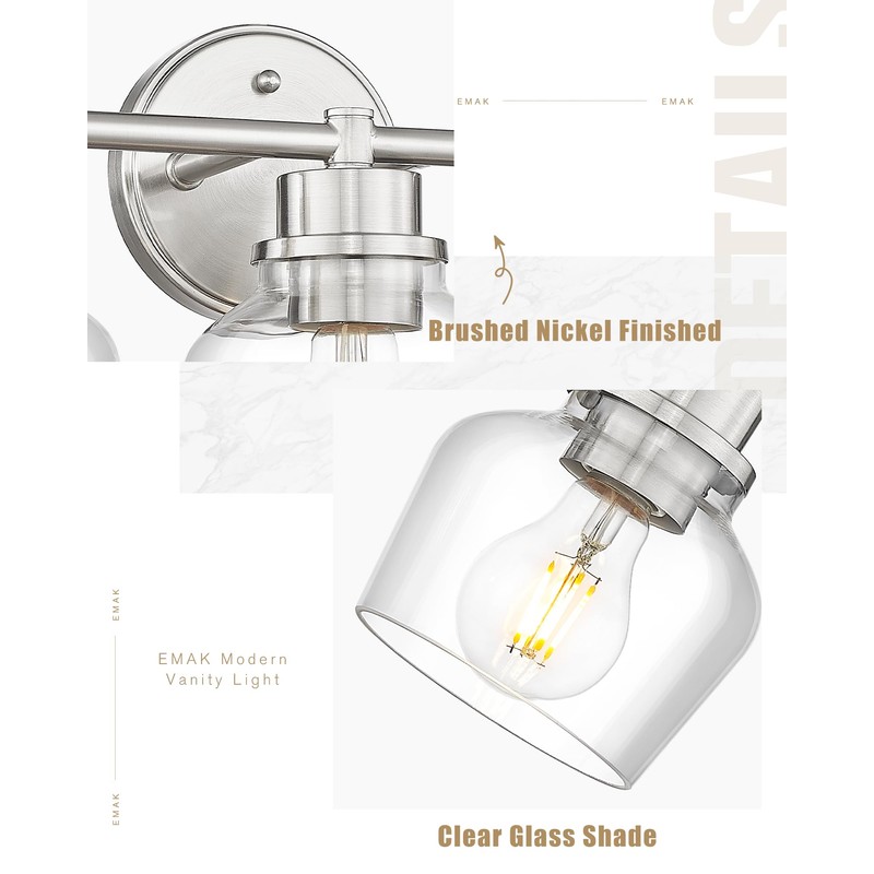Emak Bathroom Light Fixtures Over Mirror, Brushed Nickel Vanity Light