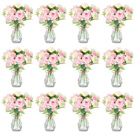 Janinka 37 Pack Fake Flowers with Vase 24 Bundles Artificial Hydrangea Rose Bouquets 12 Clear Vase and Rope for Home Office Farmhouse Centerpiece Table Decor (Pink White)