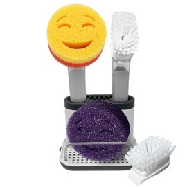 Smilyeez Cheery Caddy Kit, Sink Caddy, Smilyeez Smiling Dishwand with Moji and DUO Moji Sponges, and Smilyeez Dishwand with 2 Scrub Brushes - Color: Gray