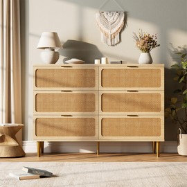 6 Drawer Dresser for Bedroom, Rattan Chest of Drawers with Deep Drawers, Large Modern Double Dresser for Closet with Wide Top, Horizontal Wooden Dresser for Living Room, Hallway, Kids Room, Natural