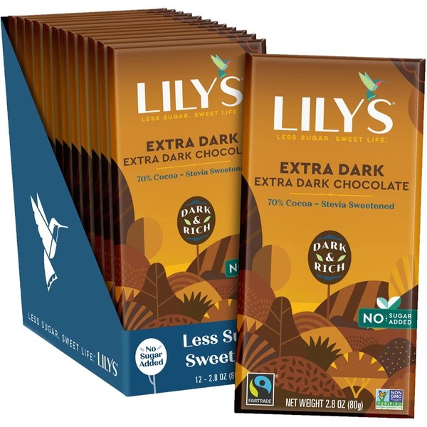 Extra Dark Chocolate Bar by Lily's | Made with Stevia, No Added Sugar, Low-Carb, Keto Friendly | 70% Cocoa | Fair Trade, Gluten-Free & Non-GMO | 2.8 ounce, 12-Pack