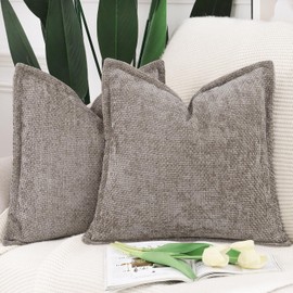 Madizz Set of 2 Chenille Velvet Cushion Covers with Flange Soft Boho Textured Throw Pillow Covers Broadside Pillowcases Modern Farmhouse Home Decor for Sofa Bedroom Taupe 18x18 inch, 45x45 cm