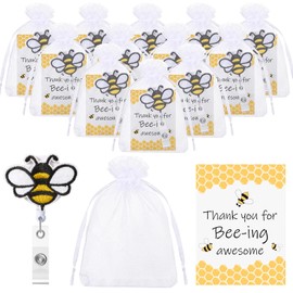 Lincia Lincia Employee Appreciation Gift Bee Badge Reel Retractable Badge Holders Clips Thanksgiving Day Inspirational Cards Organza Bag Bee Party Favors Staff Thank You Gift(12 Set)