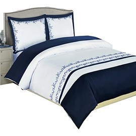 8pcs California King Size Bed in a Bag Embroidered Amalia Navy & White Duvet Set Including Cotton 3pcs Duvet Cover Set+ 4pcs California King Sheet Set+ 1pc King/California Down Alternative Comforter