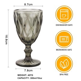 BTGLLAS Pure Grey Wine Glasses 6Pcs a Set Solid Colors Glass Goblets Colorful Dishwasher Safe Colored Glassware With An Embossed Vintage Colored Goblets Pattern Like Crystal (Glass, Grey)