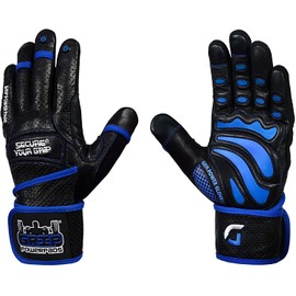 Elite Leather Gym Gloves Built in 2" Wide Wrist Wraps Best Grip Weightlifting Power Lifting Bodybuilding & Strength Training Workout Exercises (Full Fingers Blue, X-Large)