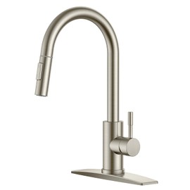 FORIOUS Kitchen Faucet with Pull Down Sprayer, Brushed Nickel High Arc Modern Classic Sink Faucet Stainless Steel with Deck Plate Fit for 1 or 3 Hole for Pot Filler Bar Farmhouse Laundry Rv