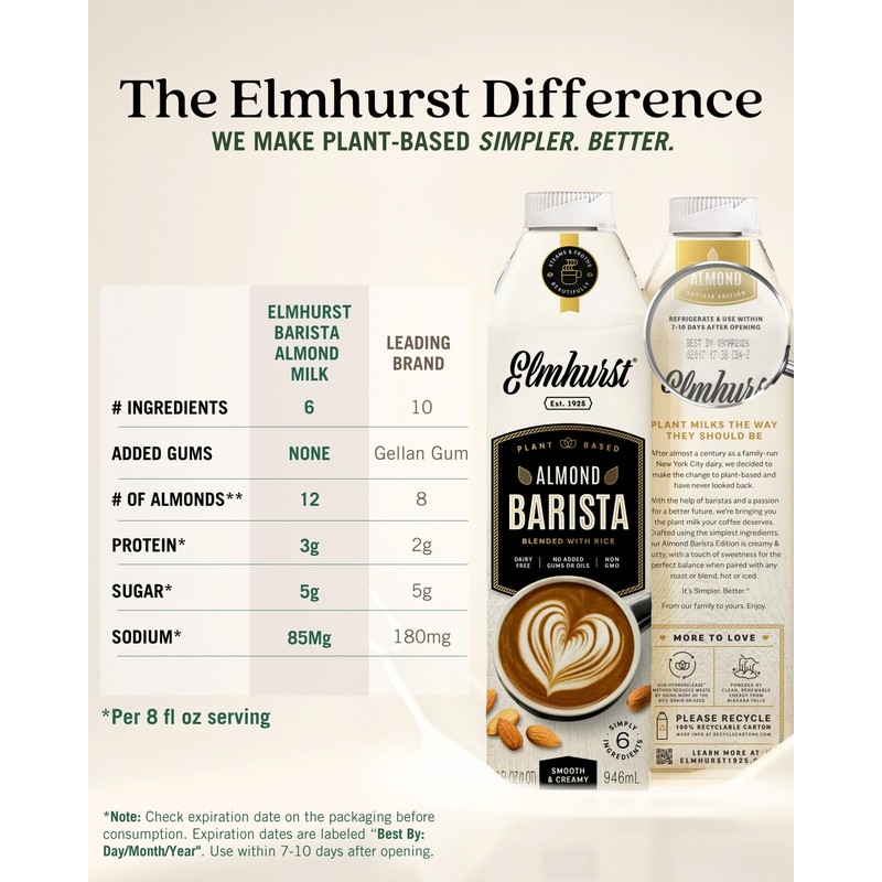 Elmhurst 1925 Almond Milk Barista Edition – 32oz (6-Pack) Plant-Based,