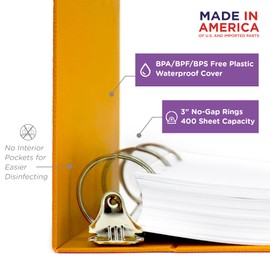 Carstens 3-Inch Heavy Duty 3-Ring Binder - Side Opening, Mango, Durable Plastic, Precision No-Gap Rings, Waterproof Cover, No Pockets, Holds 400 US Letter Sheets, BPA-Free, Made in USA (1736-00-3R)