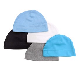 Betty Dain Jersey Knit 5 Piece Infant/Baby Cap, Set of 5 Soft Baby Beanies, Assorted Colors, 100% Cotton Stretch, Boys, Machine Washable, Grey/White/Black/Aqua/Blue