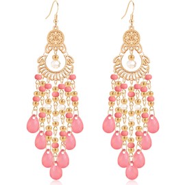 JIMARIN Handmade Dainty Sparkly Acrylic Beaded Fringe Chandelier Dangle Drop Earrings Boho Gold Long Tassel Flower Crystal Teardrop Hook Earrings For Women (Pink)