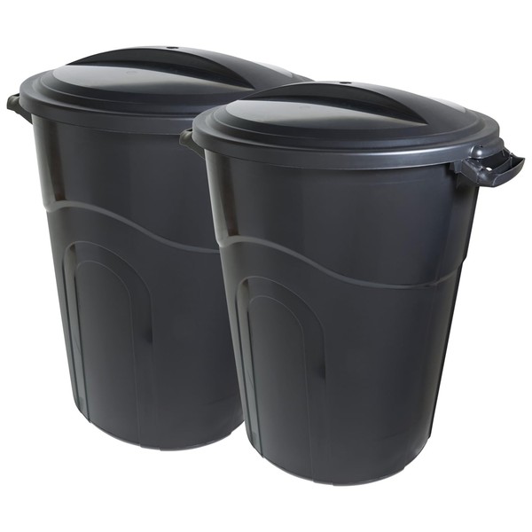 United Solutions 20 Gallon Round Waste Container, Black, Easy to Carry Garbage Can with Sturdy Construction, Pass-Through Handles & Attachable Click Lock Lid, Indoor or Outdoor Use, 2-Pack, (TI0087)