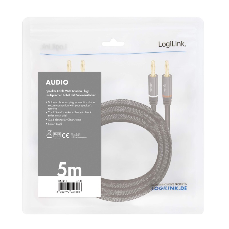 LogiLink CA1211 Speaker Cable 2x 2 Banana Plugs with Gold-Plated