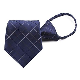 Mens Zipper Pre-tied Clip-On Tie Business Wedding Solid Checks Striped Microfiber Necktie, Navy Check, One Size