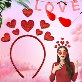 Benaton 2 Stück Herzförmigen Haarreif Und Herzförmige Brille Rot Set, Herzen Karneval Haarreif Rot Stirnband Glitzer, Herz Haarreif Damen mit Roter Herzförmiger Brille für Faschingsparty