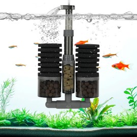 AQQA Aquarium Sponge Filter, Dual Sponge Ultra Quiet Fish Tank Filter with Multi-Stage Filtration, 360° Adjustable Outlet, 2 Bags of Ceramic Balls and 1 Bag of Ceramic Rings