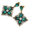 Vintage Inspired Emerald Green/Clear Flower Drop Earrings In Antique Gold