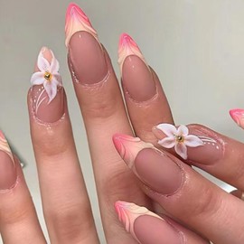 French Tip Press on Nails Almond Medium Fake Nails Glossy Glue on Nails Cute Acrylic Nails with 3D Flower Designs Red Yellow Gradient False Nails Fall Stick on Nails for Women 24Pcs