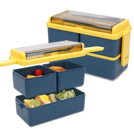 CPIYNOE Bento Box for Adults Ideal Leakproof Lunch Box Containers Stackable 3-In-1 Compartments 47 oz Portable On-the-Go Meal and Snack Packing(Blue+Yellow)