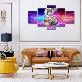 Lord Child Bal Krishna Wall Art Krishna Eating Butter Wall Decor Artwork 5 Piece Modern Home Decorations for Living Room Bedroom Office Giclee Gallery Wrapped Stretched Ready to Hang (60''Wx32''H)