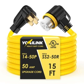 YOMILINK 15 Feet 50 Amp RV/Generator Cord, UL Listed, Locking Connector, NEMA 14-50P to SS2-50R Twist Locking, Newly Designed 90°Grip Handle, 6/3+8/1 Gauge STW Wire