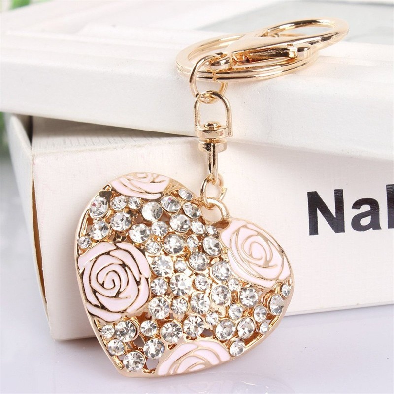 Love Heart Rose Flower Crystal Charm Pendant Purse Bag Key