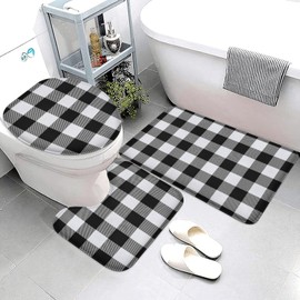 Easternproject 3 Piece Black and White Buffalo Plaids Checked Bath Mat Set Plush Christmas New Year Bathroom Rug Sets for Winter Non Slip Water Absorbent U-Shaped Contour Toilet Mat, Toilet Lid Cover