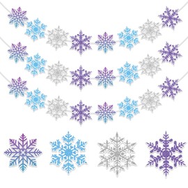 3 Pcs Snowflake Banner Garland, No DIY Blue Purple Winter Snowflake Banners for Snowflake Hanging Decorations Wonderland Baby Shower Decorations