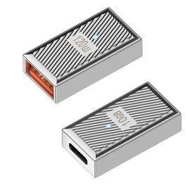 QIANRENON PD120W USB C Female to USB 3.1 Female OTG Adapter Extender 10Gbps Type C to USB 3.1 Quick Charge Data Plug Coupler, Zn Alloy/LED Light, 4K @ 60Hz Audio/Video, Silver, Pack of 2