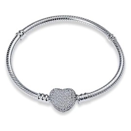 LongLuck Classic heart-shaped Clasp Snake Chain Bracelet ,925 Sterling Silver With CZ Stone Charm Bracelets Fit Any Charm , gifts for Teen Girls Women, crystal