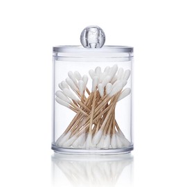 Cotton Buds Storage, Transparent Round Cotton Buds Case Made of Acrylic, Cotton Buds Holder, Storage Container Organiser with Lid for Make-Up Home Office Bathroom