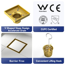 Bernkot Square Shower Drain 4" with 2" PVC Flange Base, 304 Stainless Steel Tile in Floor Drain w/Tiled Insert Grate & Hair Catcher, CUPC Certified(Brushed Gold, 4'')