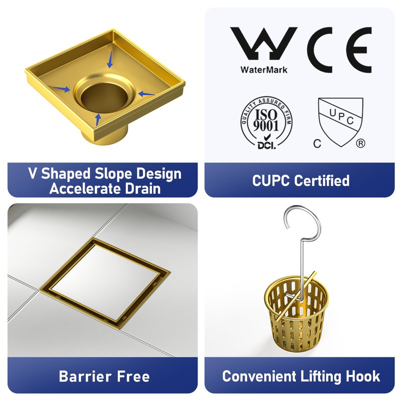 Bernkot Square Shower Drain 4" with 2" PVC Flange Base,