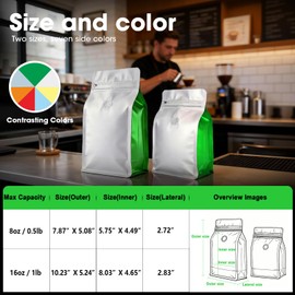 Coffee Bags with Valve(60pcs,8 oz,1/2 lb) Vented Coffee Beans Packaging Bags High Barrier Aluminumed Foil Flat Bottom Heat Sealed Side Zipper Resealable Storage Bag for Home or Business（White+Green）