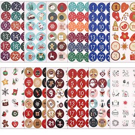 12 Sheets Advent Calendar Stickers, 1-24 Number Stickers with Christmas Theme Pattern, Christmas Stickers Suitable for Gift Sealing