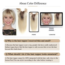 HAIRCUBE Human Hair Toppers For Women, 100% Remy Human Hair Topper With Bangs, 150% Density Silk Base Clip In Topper 7 * 13cm 10 inch 35g - Ombre Light Blonde