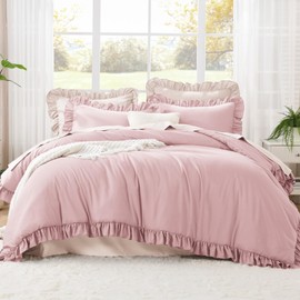 Litanika Grayish Pink Full Size Comforter Sets, 3 Pieces Ruffle Farmhouse Aesthetic Bedding Comforter Sets, All Season Soft Lightweight Fluffy Microfiber Bed Set(79x90In Comforter, 2 Pillowcases)