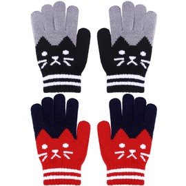 2 Pairs Kids Winter Gloves Full Finger Knitted Gloves Warm Stretchy Mittens for Boys Girls Supplies (Black, Red)