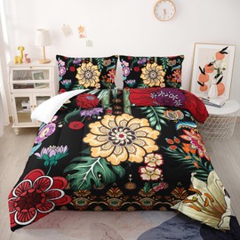 Nttopship 3 Pieces Colorful Floral Comforter Set,Paisley Bedding Set Full Size,Boho Farmhouse Flower Leaves Printed on Black Design,All Season Lightweight Soft Microfiber Bedding with 2 Pillow Shams