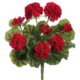 Red Artificial Geranium Bush 13 Inches High, Geranium Flowers Variegated Green Leaves