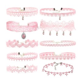 Ximerinf Pink Lace Choker Necklace Set, 10 Pieces, Zinc, No Gemstone