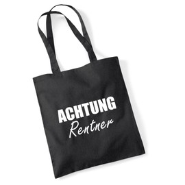 huuraa Jute Bag "Achtung Rentner" Lettering Bag Cotton 10 Litres for All in Pension Gift Idea for Friends and Family, black