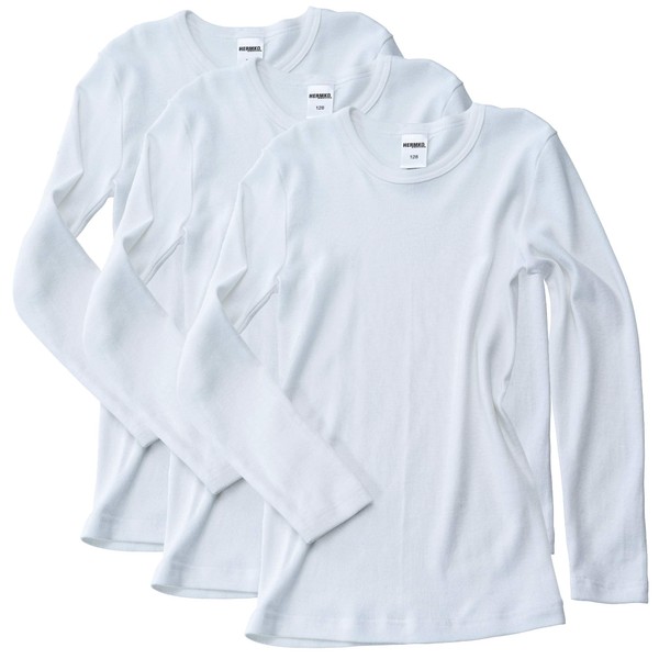 HERMKO 2830 Set of 3 Boys' and Girls' Long-Sleeved Undershirts (Other Colours), 100% Organic Cotton, white