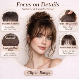 HAITOO Clip in Bangs, 100% Real Human Hair French Fake Bangs Hair Clip for Women Dark Brown Natural Curtain Fringe with Temples Hairpieces for Daily Wear（French,Dark Brown）