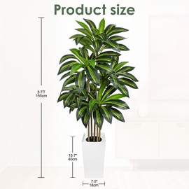 5FT Tall Artificial Dracaena Tree, Lifelike Faux Indoor Fake Floor Plant with White Pot, Faux Tree for Home Office Living Room Entryway Décor