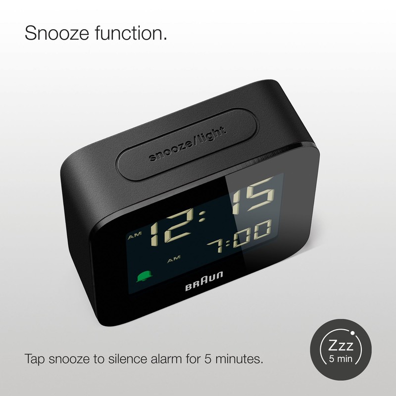 Braun Digital Travel Alarm Clock with Snooze, Compact Size, Negative