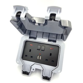 Standard UK Black Weatherproof Waterproof IP66 Outdoor BOX Wall Socket 13A Double Switched Outlet With USB Charging Port