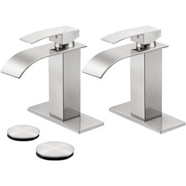 LUFG Bathroom Faucets Brushed Nickel Waterfall Bathroom Sink Faucet Modern Single Handle Bathroom Faucet for 1 or 3 Hole Mxier Tap Washbasin Faucet with Deck, Pop-up Drain and Supply Hoses 2 Pack